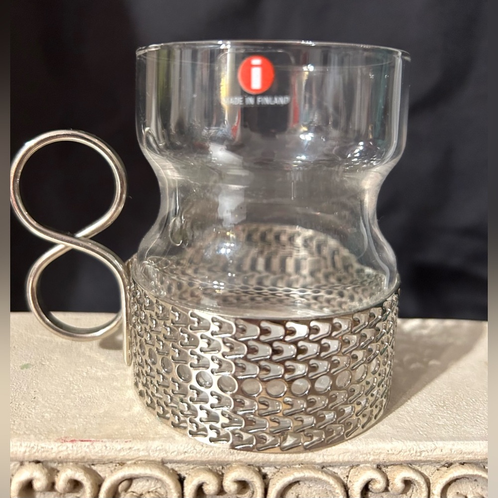 Vintage Littala Tsaikka Coffee Glass w/ Stainless Filagree holder 1970s. Finland